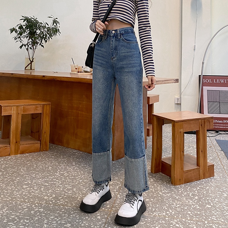 Quần jean nữ ống rộng lưng cao phong cách Hàn Quốc