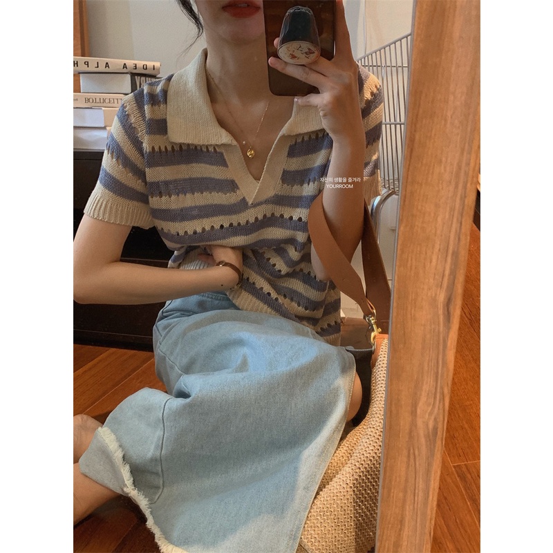 Áo thun Xiaozhainv tay ngắn cổ chữ V họa tiết kẻ sọc 5 màu phong cách thời trang cho nữ