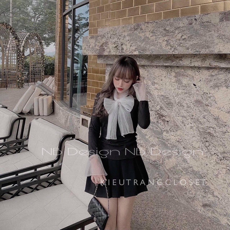 Áo len cổ nơ tay bồng