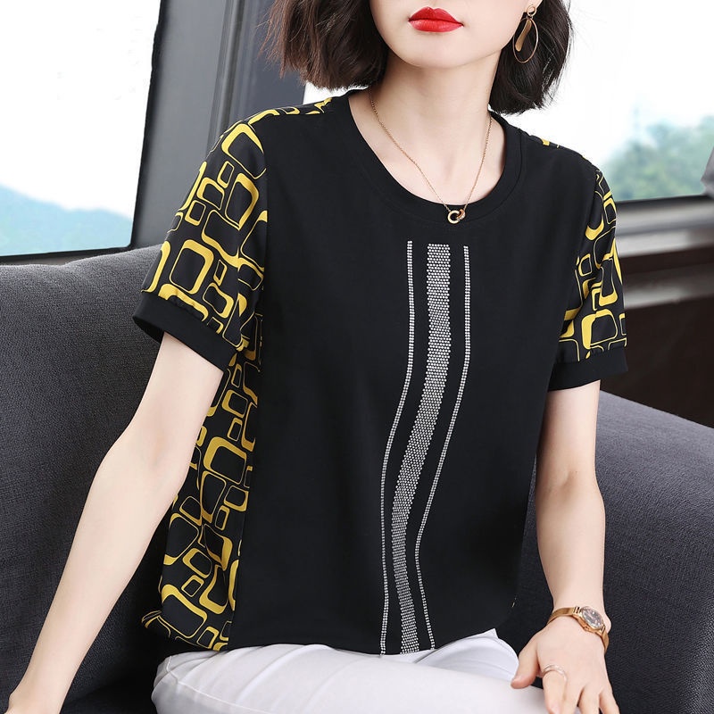 Áo thun tay ngắn cổ tròn dáng rộng thời trang cho phụ nữ trung niên