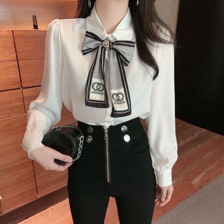 Áo sơ mi nữ cổ nơ Ulzzang, sơ mi trắng tiểu thư kiểu hàn tay bo phong cách thời trang ELISA