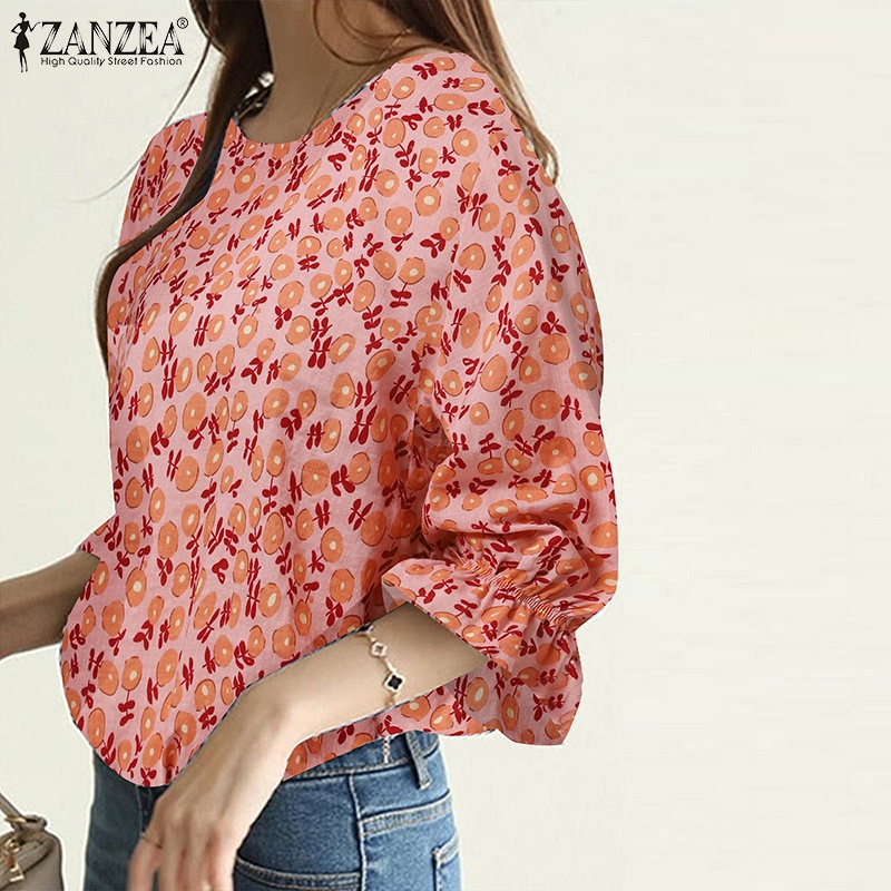 ZANZEA Áo Kiểu Tay Phồng Cổ Tròn 3 / 4 Thời Trang Dành Cho Nữ