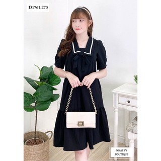 Váy đũi suông đuôi cá dáng xoè cổ viền dáng dài tay bồng 3 màu