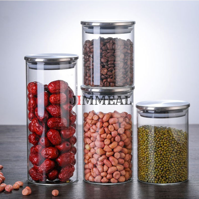 Lọ Thủy Tinh Tròn Nắp Inox, Hộp, Hũ Thủy Tinh Nắp Inox Jimmeal Đựng Gia Vị, Thực Phẩm 200 350 500 750 1000 1200 1600ml