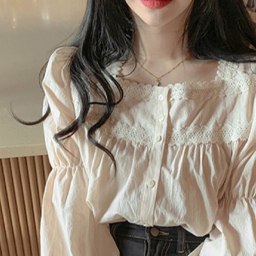 Áo sơ mi nữ babydoll cổ vuông dài tay - Áo sơ mi nữ  vintage 2 màu trắng be (có hình thật/video/sẵn). cicidream