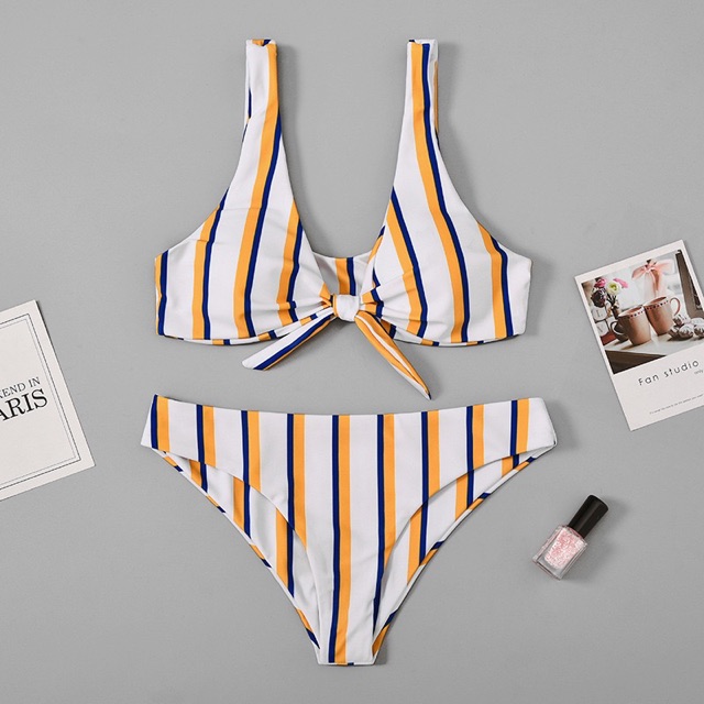 (HN có sẵn) Bikini đồ bơi 2 mảnh sọc cam trắng nơ ngực