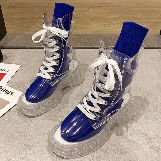 Giày bốt martin đi mưa đế dày trong suốt thoáng khí thắt dây sành điệu cho nữ