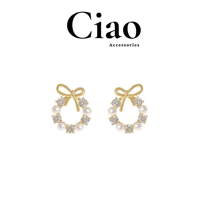 [HOẢ TỐC 1H] Khuyên tai/ Bông tai mạ bạc S925 thiết kế hình nơ đính đá Pretty In Ciao