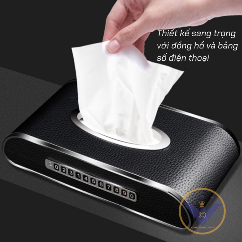 Hộp đựng khăn giấy ô tô có đồng hồ kèm bảng số điện thoại