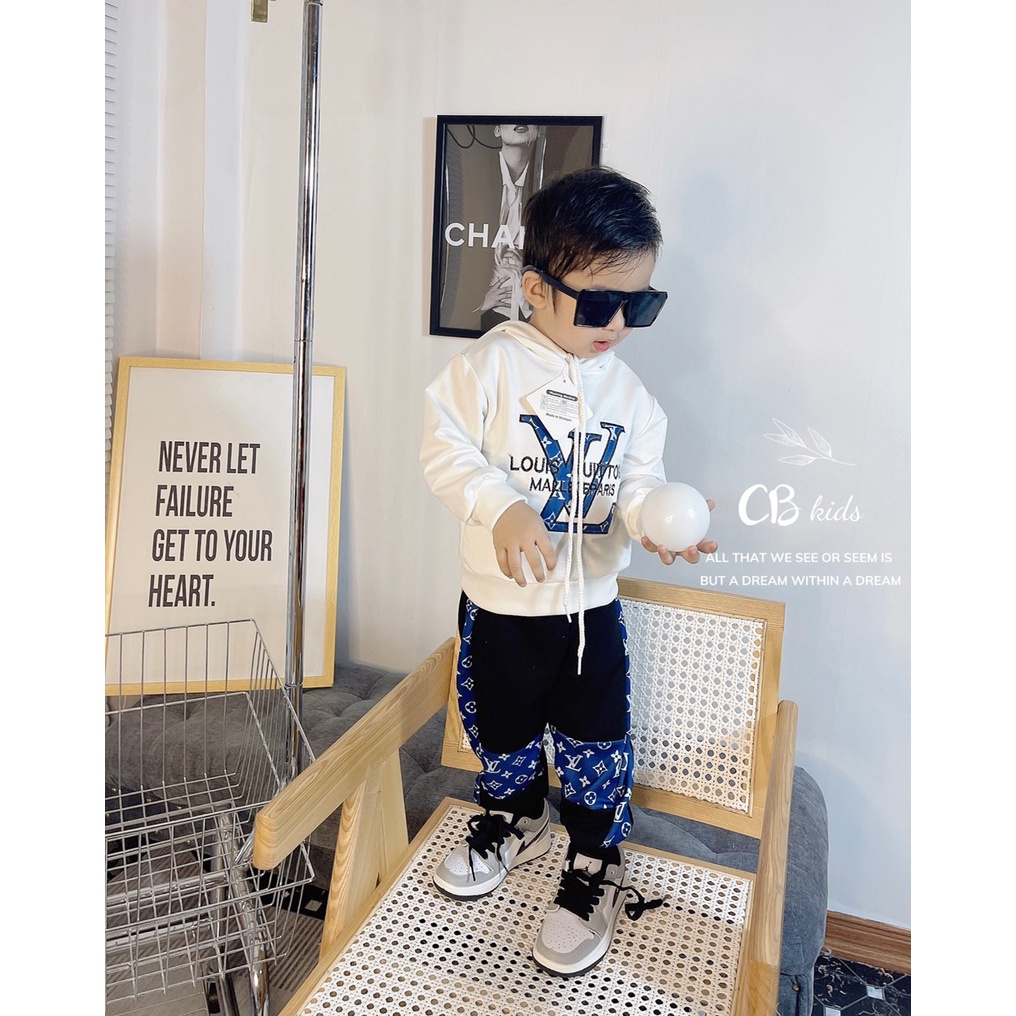 Quần áo thu đông bé trai, Sét bộ da cá áo Hoodie phối LVT sành điệu cho bé 8-30kg