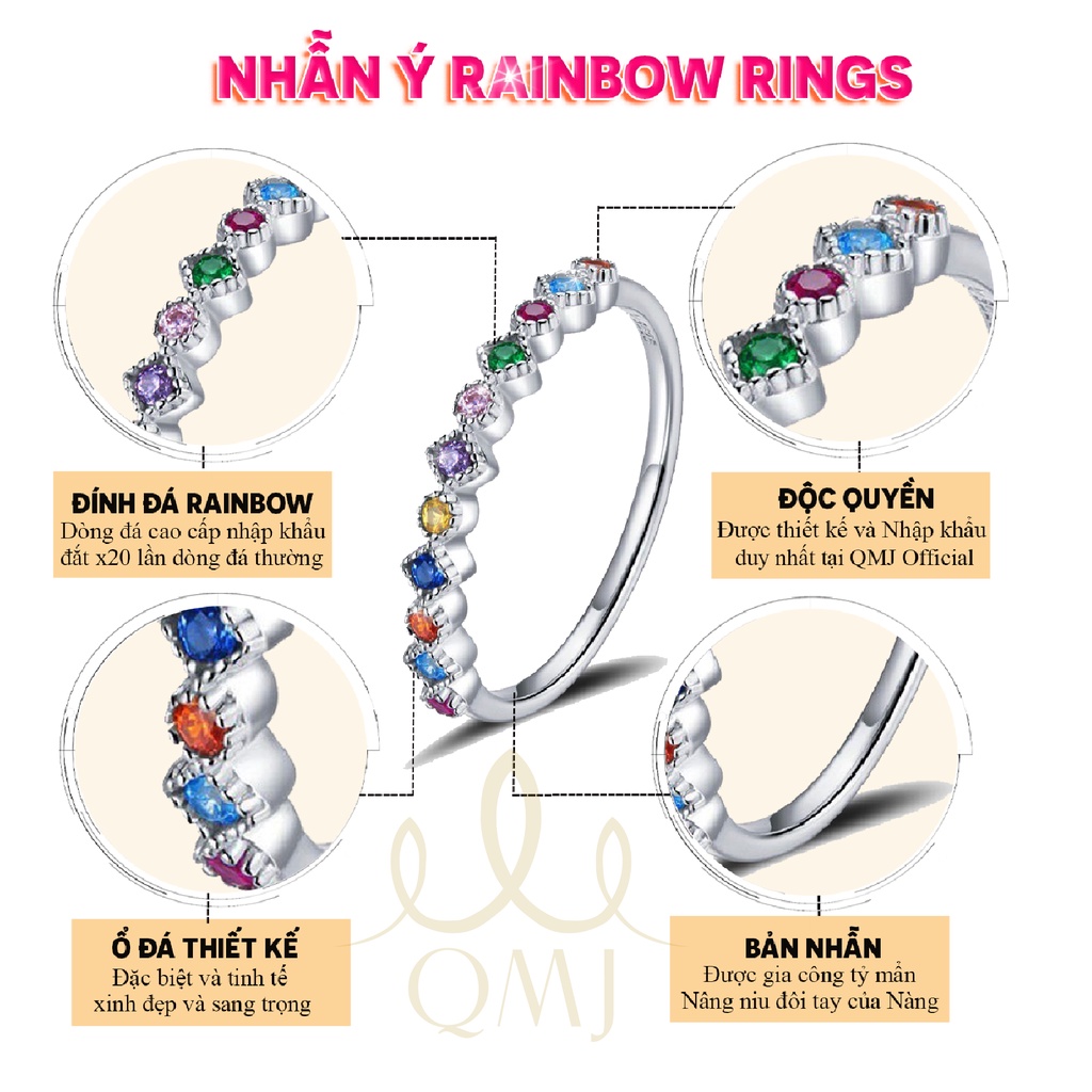 Nhẫn bạc nữ đơn giản đẹp đính đá cao cấp S925 Ý QMJ Rainbow ring - Q801