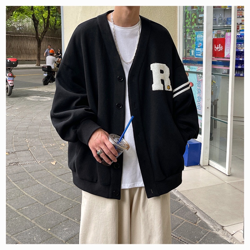 Áo khoác cardigan cổ V dáng rộng màu trơn thêu chữ thời trang mùa thu cho nam size M-2XL