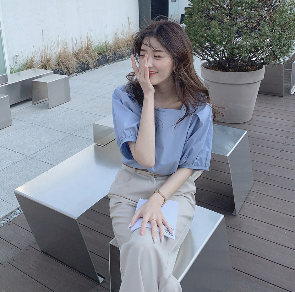 SUXI Áo kiểu cổ vuông tay ngắn phong cách Hàn Quốc thời trang xinh xắn dành cho nữ