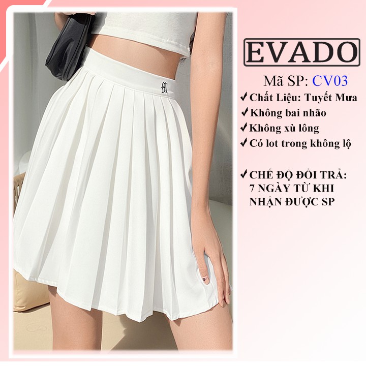 Chân váy tennis xếp ly bigsize nữ dáng xòe thêu chữ có lót trong lưng cao trắng đen phong cách Hàn Quốc EVADO CV03