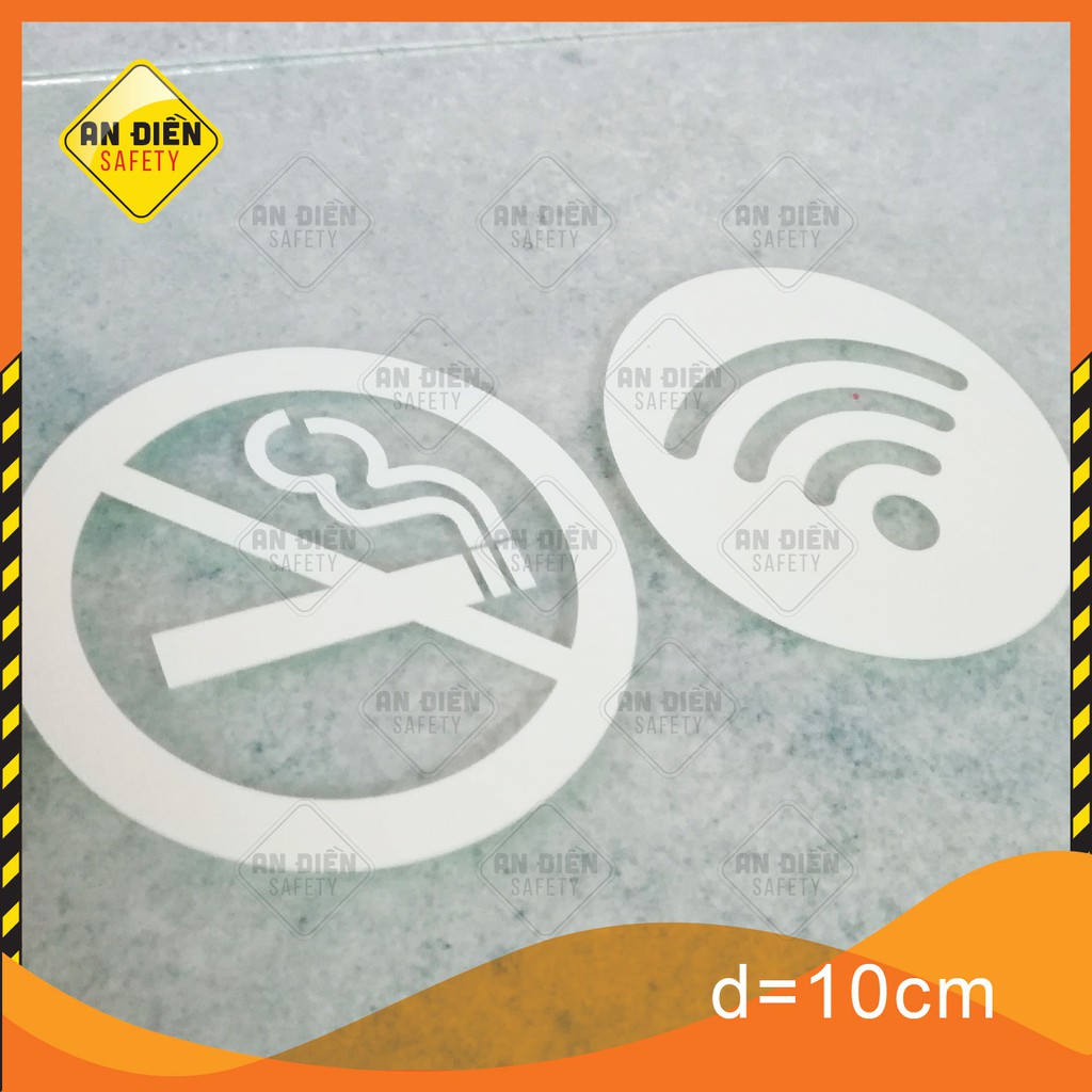 Bộ 4 Sticker bằng Decal dán Biển Báo No Smoking, Free Wifi, ...In UV màu trắng, biển báo An Điền Safety