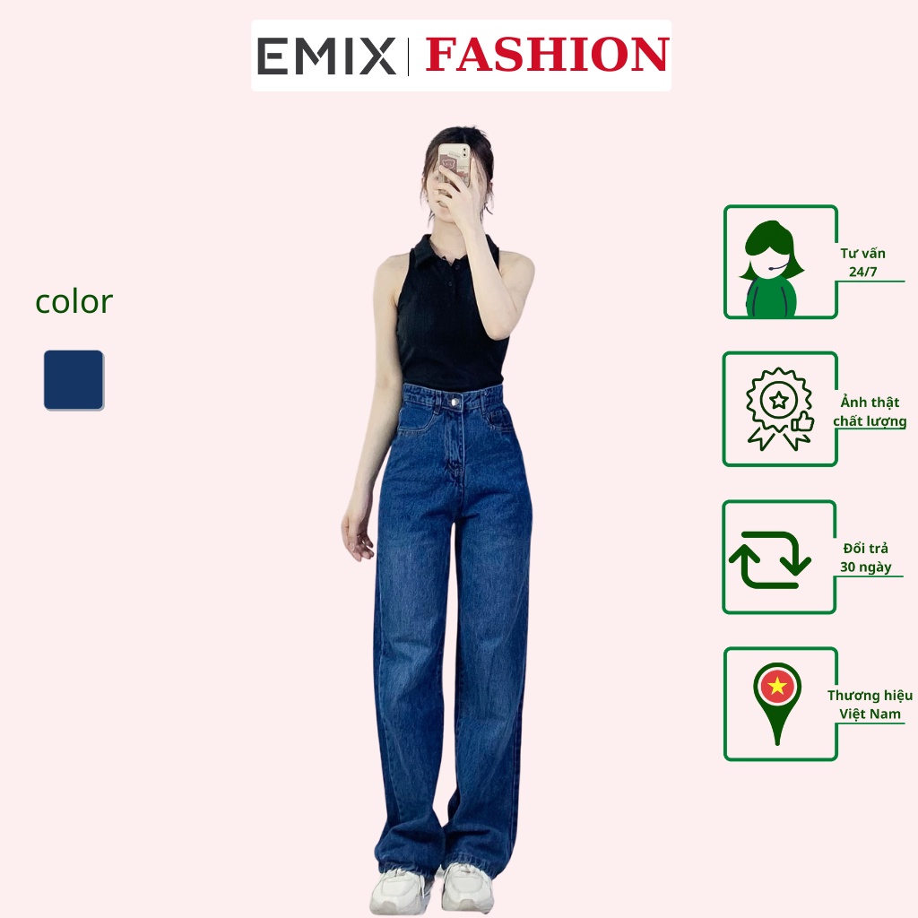 Quần jean nữ suông trơn EMIX (màu xanh), basic pants, dáng dài, cạp cao, ống rộng, vải jeans mềm, giãn nhẹ 9090