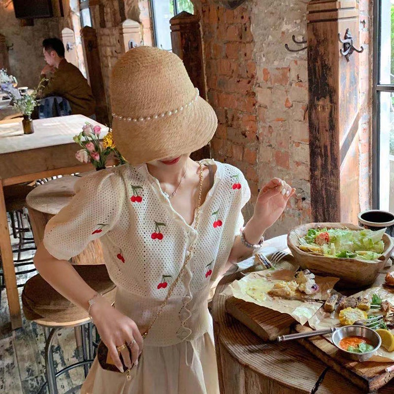 Áo Sweater Dệt Kim Thêu Hình Trái Cherry Xinh Xắn Cho Nữ