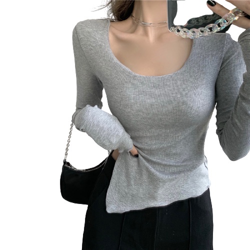 QKOOLE  Áo thun tay dài cổ tròn phong cách Hàn Quốc quyến rũ cho nữ chất lượng cao