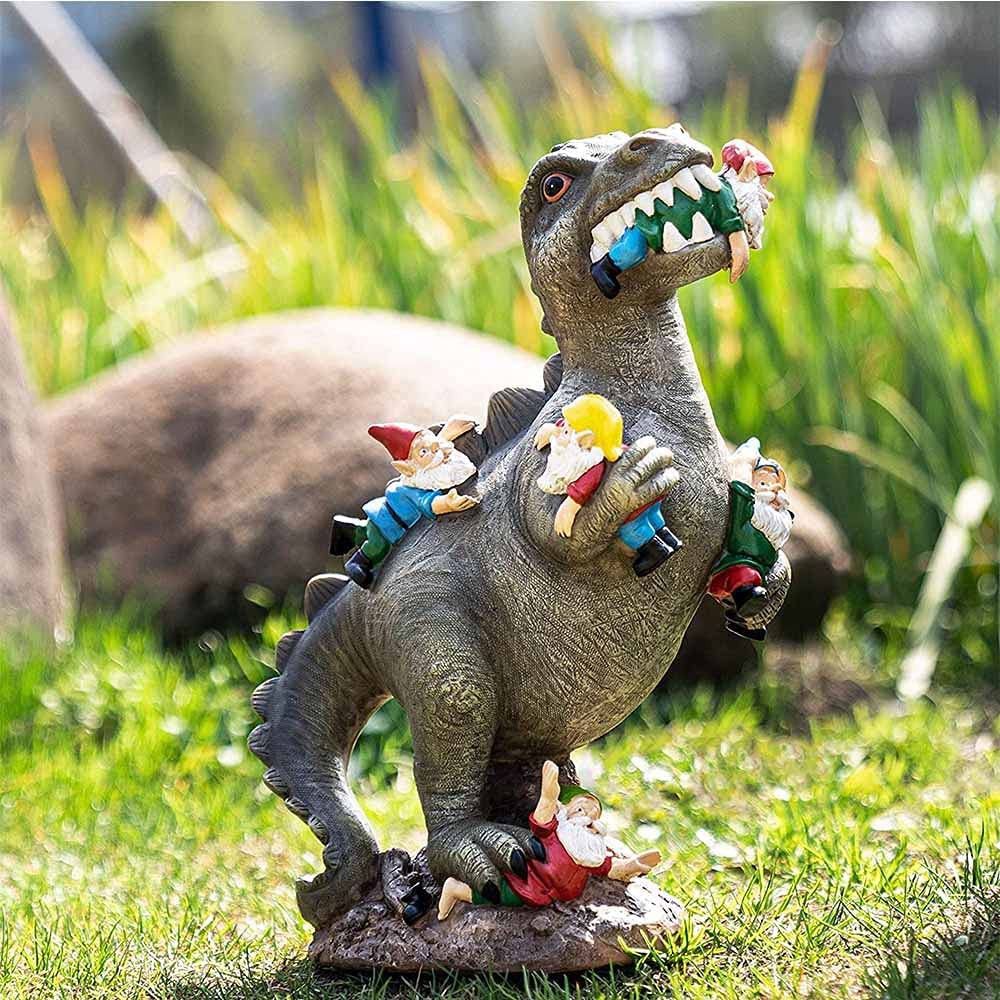 MELODG Funny Garden Statue Indoor Outdoor Gnomes Statue Dinosaur Eating Gnomes Patio Lawn Art Decor Creative Cartoon Photo Props Yard Sculpture