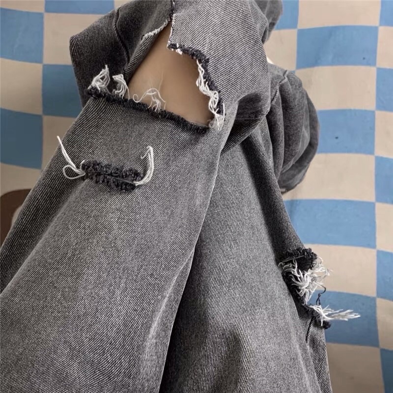 Quần jeans lưng cao 2 gang tay rách gối hot trend 2021