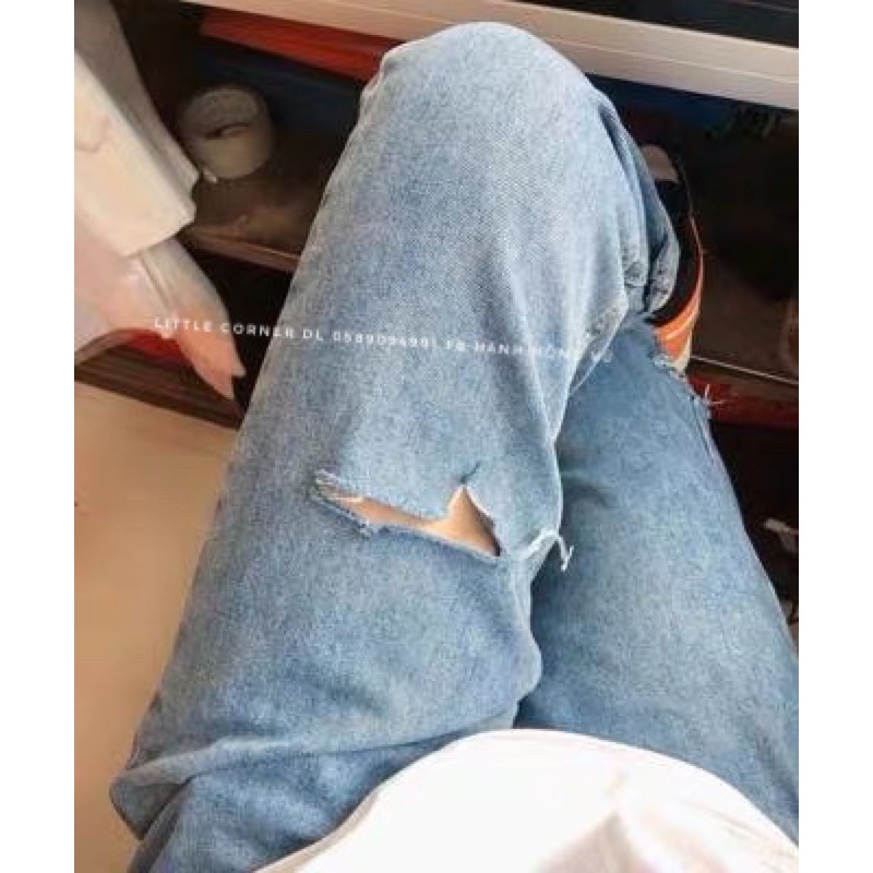 Quần baggy bò slim jean rách sườn xẻ lưng cao quảng châu có sẵn