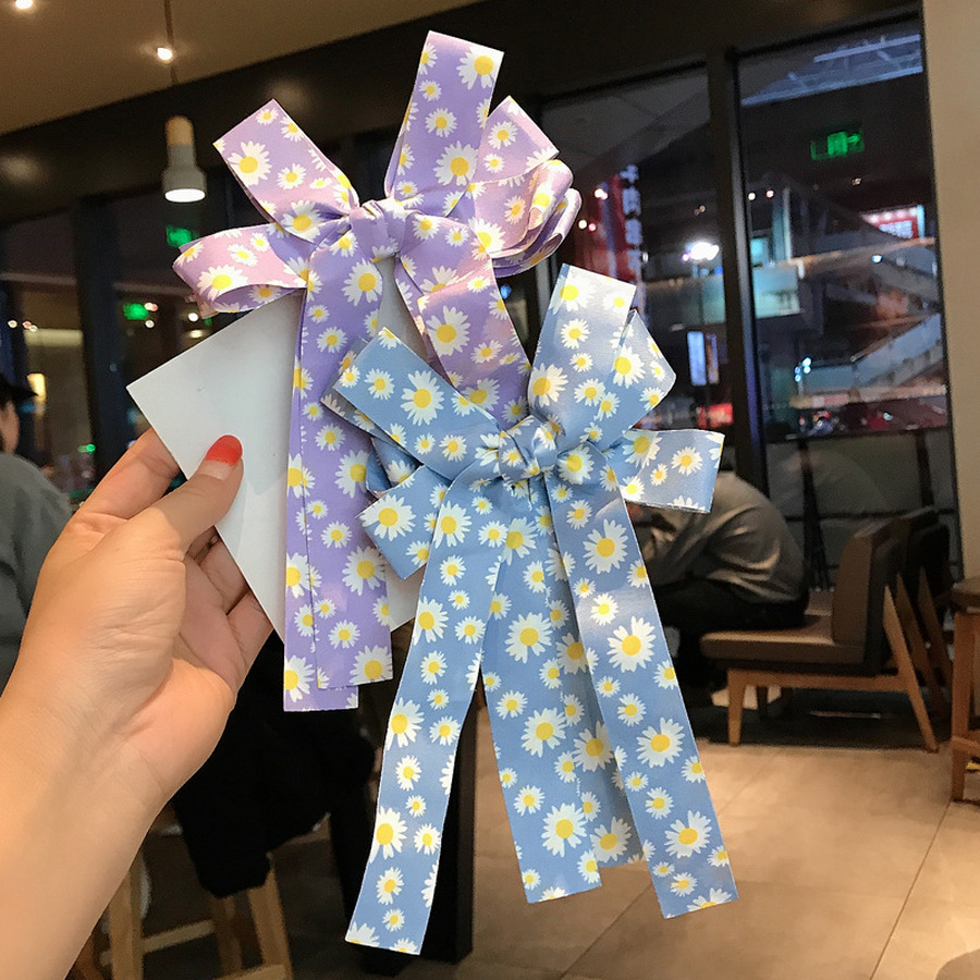 Kẹp tóc nơ in hoa cúc đơn giản kiểu Hàn Quốc thời trang cho bé gái