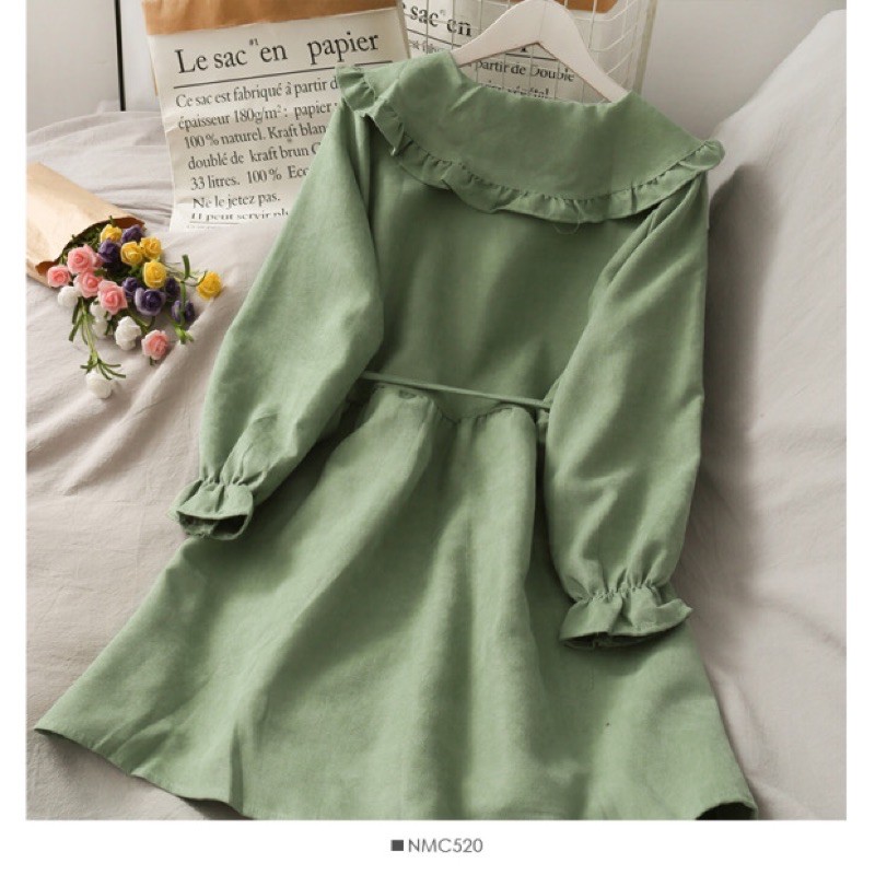 [Order/ không sẵn] Váy vintage dáng ngắn cổ bèo thắt eo. Đầm xoè dáng babydoll tay bồng