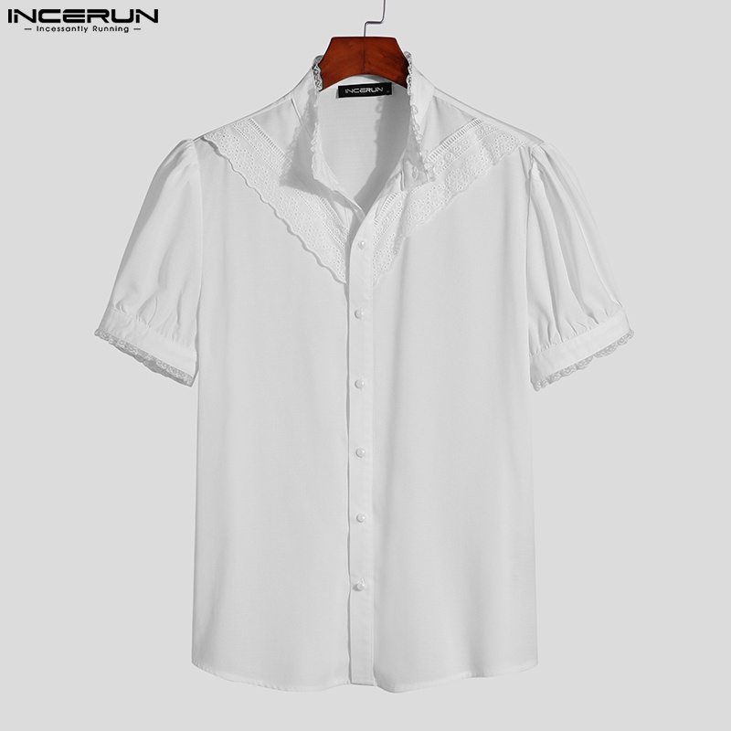 INCERUN Áo Sơ Mi Trắng Tay Ngắn Phồng Phối Nút Thời Trang Cho Nam