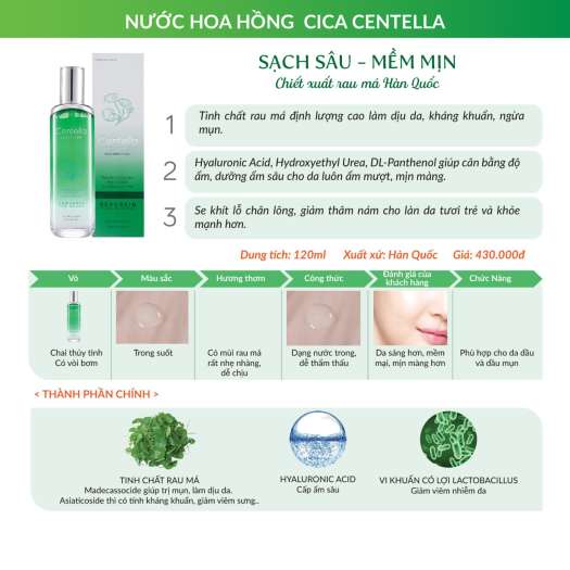 Nước hoa hồng BEAUSKIN CENTTELA CICA Hàn quốc cao cấp 120ml/Chai dưỡng trắng da, se khít lỗ chân lông- CHÍNH HÃNG