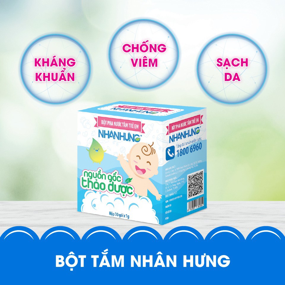 Bột Pha Nước Tắm Trẻ Em NHÂN HƯNG [Hộp 30 gói] - Làm sạch da bé, chống rôm sảy, ngứa, hăm