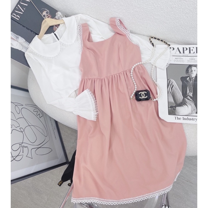 SET SƠ MI CỔ SEN VIỀN REN + YẾM HỒNG BABYDOLL BO EO