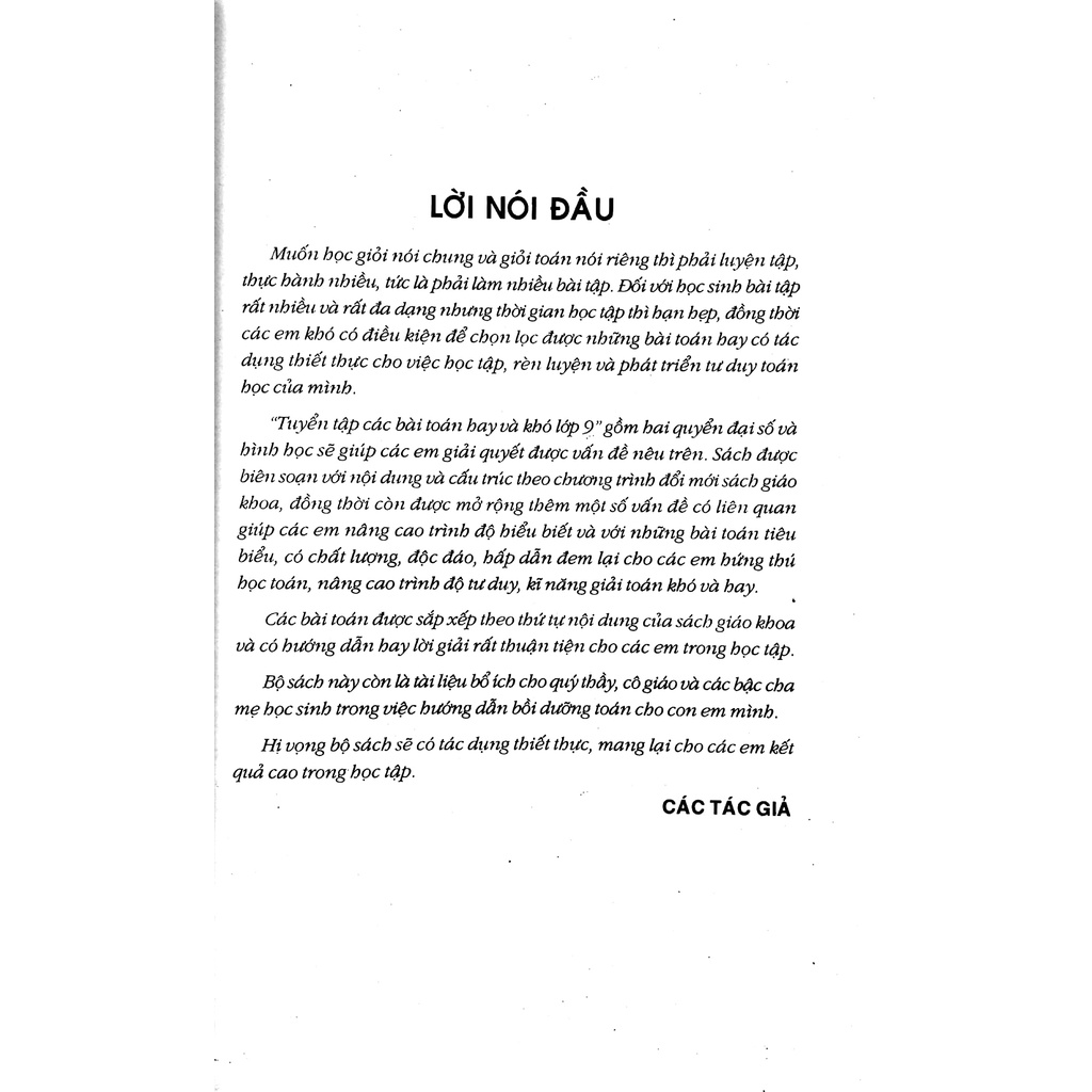 Sách Tuyển Tập Các Bài Toán Hay Và Khó Đại Số 9 (Bồi Dưỡng Học Sinh Khá, Giỏi Luyện Thi Vào Lớp 10 PT, Chuyên)