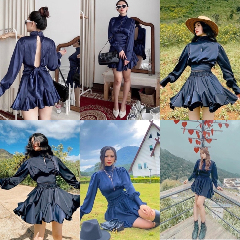 SET ĐỒ OLY SET màu xanh đen gồm chân váy và áo croptop Tay Dài thiết kế sang trọng chất vải lụa satin