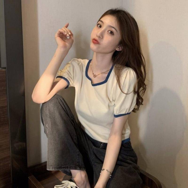 Áo Thun Tay Ngắn Cổ Vuông Màu Sắc Tương Phản Phong Cách Hàn Quốc Thời Trang Mùa Hè Cho Nữ