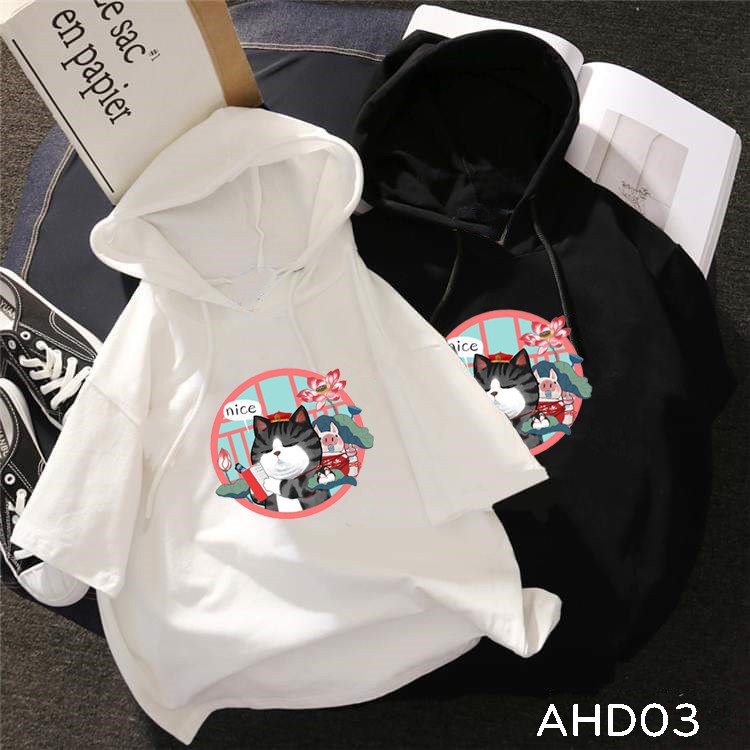 Áo thun teen nam nữ HOODIE TAY LỠ CÓ NÓN hình mèo