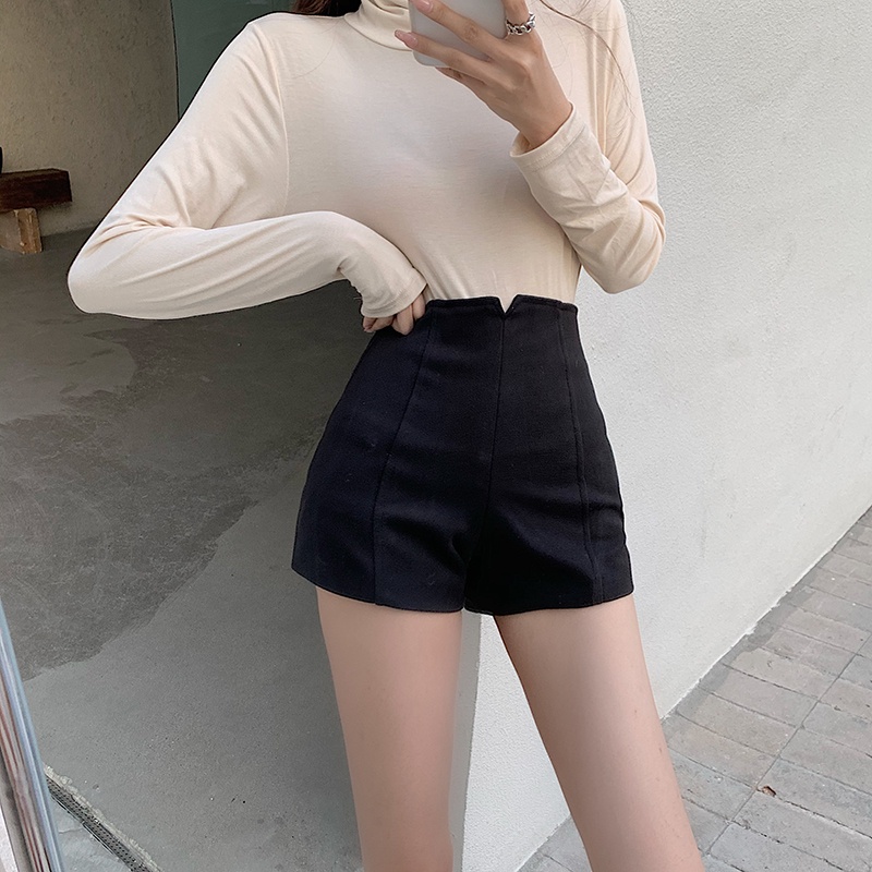 HUANG YOYO Quần Short Lưng Cao Màu Đen Quyến Rũ Dễ Phối Đồ Thời Trang Phong Cách Hàn Quốc Cho Nữ