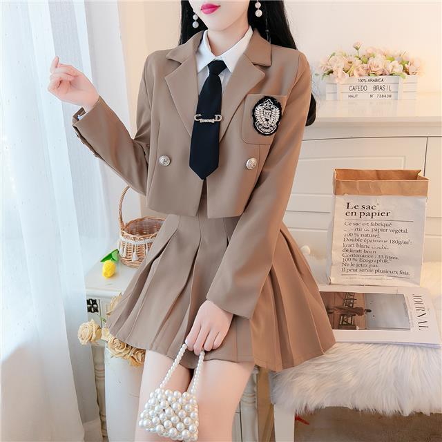 Bộ Áo Khoác Vest + Chân Váy Xếp Ly Dáng Dài Thời Trang Xuân Thu Xinh Xắn Cho Nữ