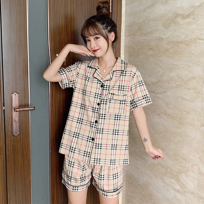 Bộ Đồ Ngủ Cotton Ngắn Tay Họa Tiết Caro Phong Cách Hàn Quốc Dành Cho Nữ