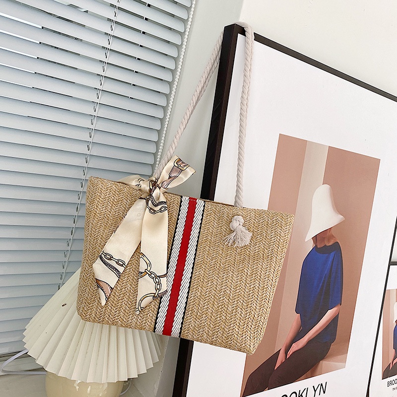 Túi Đeo Vai Chất Cói Vuông Lớn Kẻ Sọc Phối Khăn Xinh