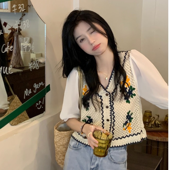 Áo sơ mi ZHELIHANGFEI ngắn tay thêu họa tiết xinh xắn