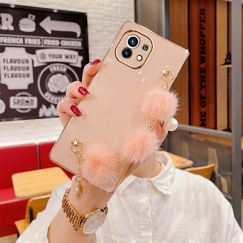 Ốp Điện Thoại Đính Ngọc Trai Kèm Dây Đeo Tay Đính Bóng Lông Cho Xiaomi 11 Lite 5G NE 11Lite 11 11T 11T Pro