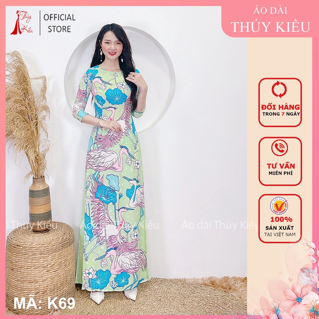 Áo dài nữ truyền thống thiết kế may sẵn tết cách tân nền xanh hồng hạc K69 mềm mại, co giãn, áo dài giá rẻ