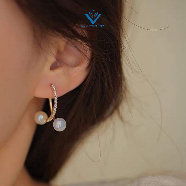 Bông tai bạc Van jewelry V10728 Bông tai hàng đá thả ngọc sang chảnh