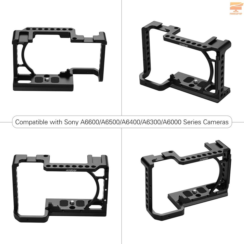 Andoer Professional Photography Camera Cage Kit Aluminum Alloy Camera Case Bracket with 1/4" 3/8" Extension Thread Holes and Cold Shoes Mini Wrench Compatible with Sony A6600,A6500,A6400,A6300,A6000