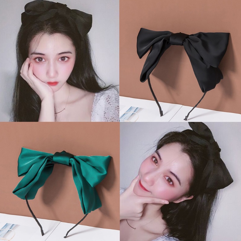 Băng đô cài tóc thắt nơ vải satin mềm màu trơn phong cách cổ điển xinh xắn