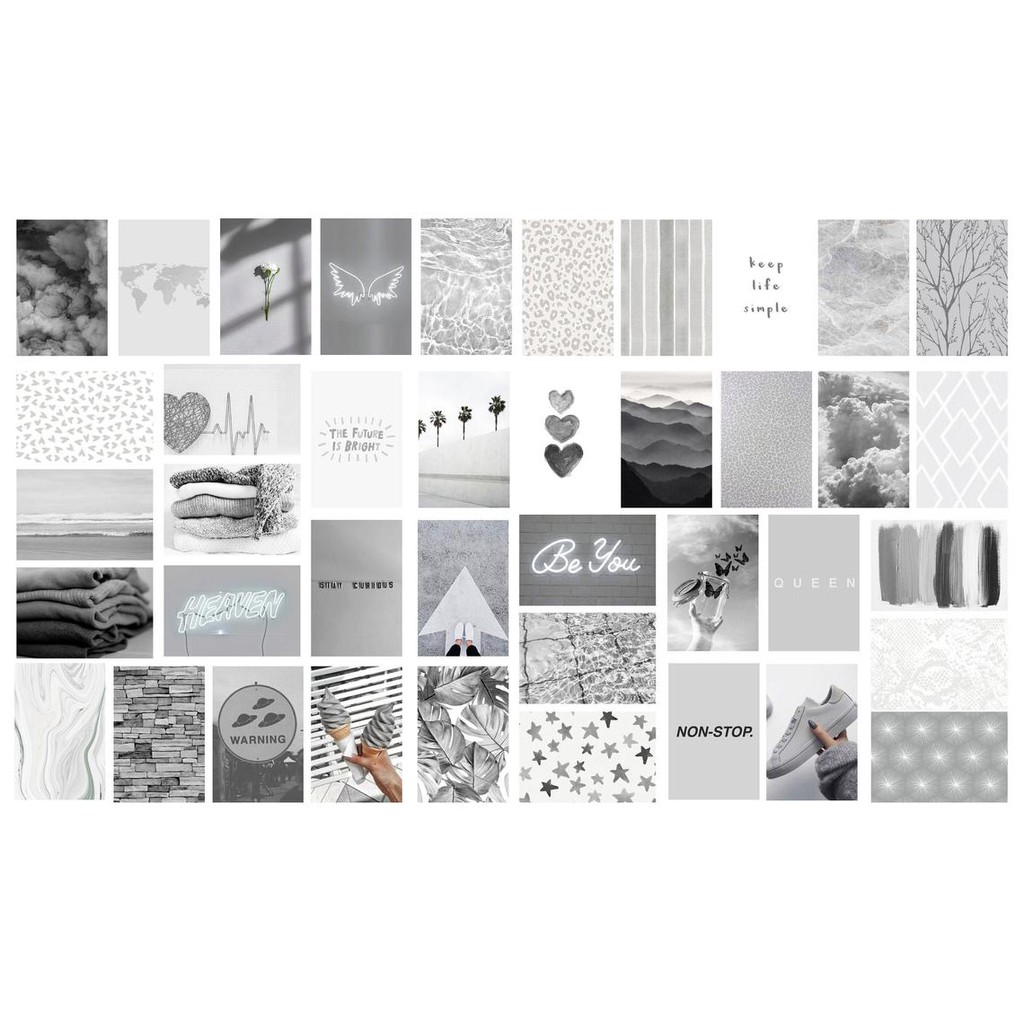 12 tấm Wall Collage giấy bóng keo sãng bóc dán tường trang trí phòng ngủ - theme Trắng ngà xám