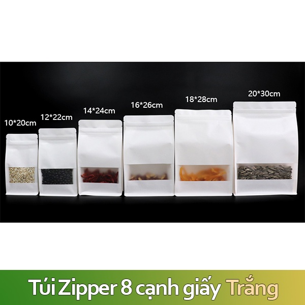 {1kg/size} túi zip 8 cạnh giấy có cửa sổ tràn - có 2 màn chống thấm