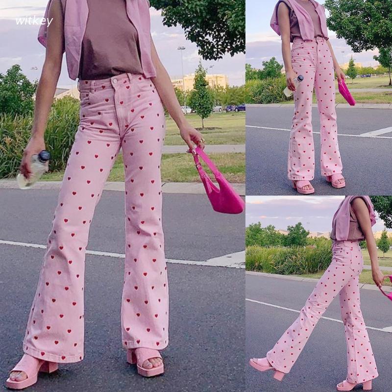 Quần Dài Ống Loe Lưng Cao In Họa Tiết Chấm Bi Đỏ Phong Cách Harajuku Đường Phố Cho Nữ