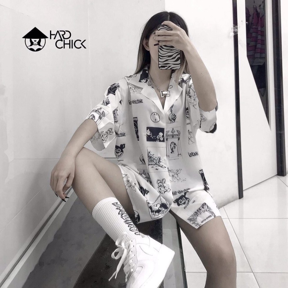 Áo sơ mi nam nữ cổ bẻ tay lỡ in họa tiết HARD CHICK dáng suông ulzzang/ Áo sơ mi cộc tay phom rộng thời trang unisex