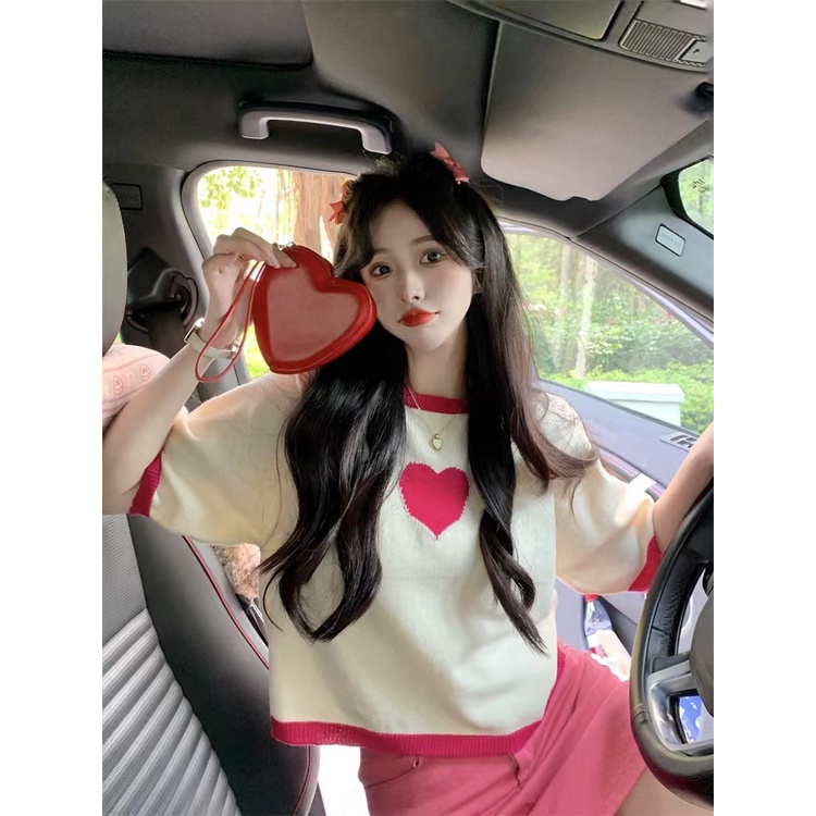 Áo Thun Dệt Kim Ngắn Tay Họa Tiết Trái Tim Thời Trang Cho Nữ